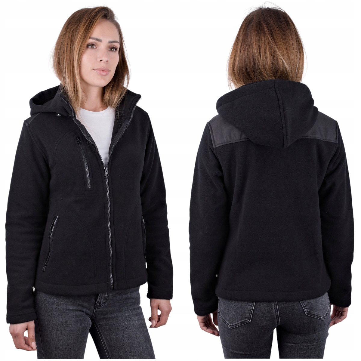 Polski Polar Damski Czarny Rozpinany Kaptur Bluza Zapinane Kieszenie 3XL