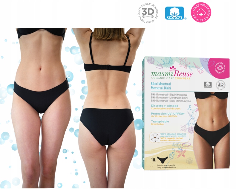 Menstruacyjne bikini kąpiel. Masmi/UPF50+/odporne na chlor i słoną wodę L