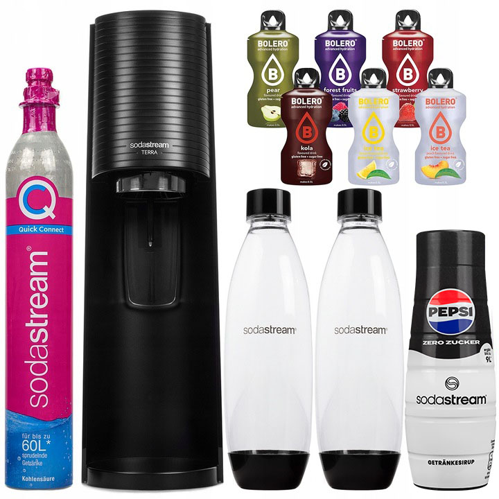 Saturátor Sodastream Terra Black 2 Fľaše Sifón Sirup Pepsi Doplnky