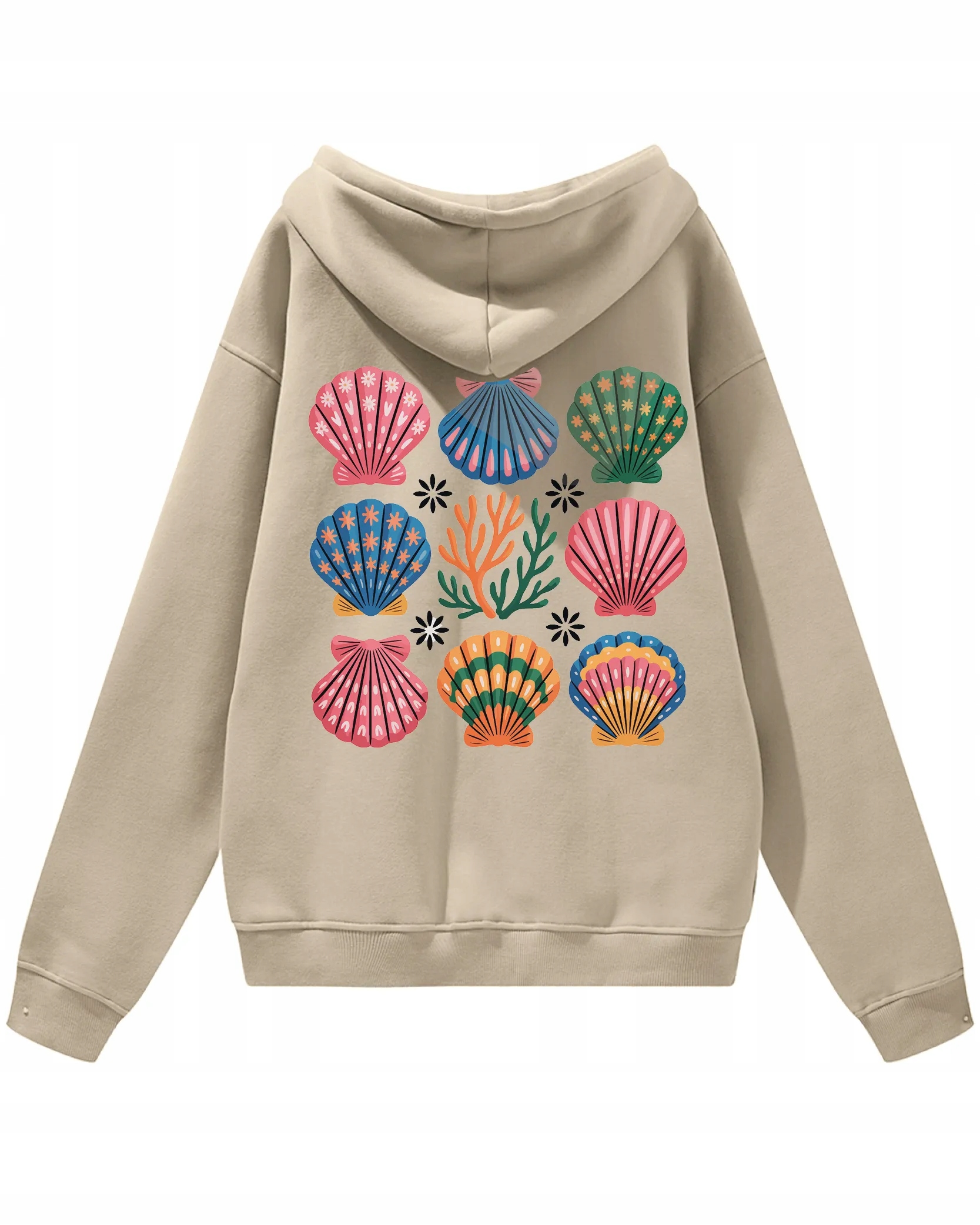 Oversize mikina s kapucí Mořský styl s mušlemi Pláž Béžová L