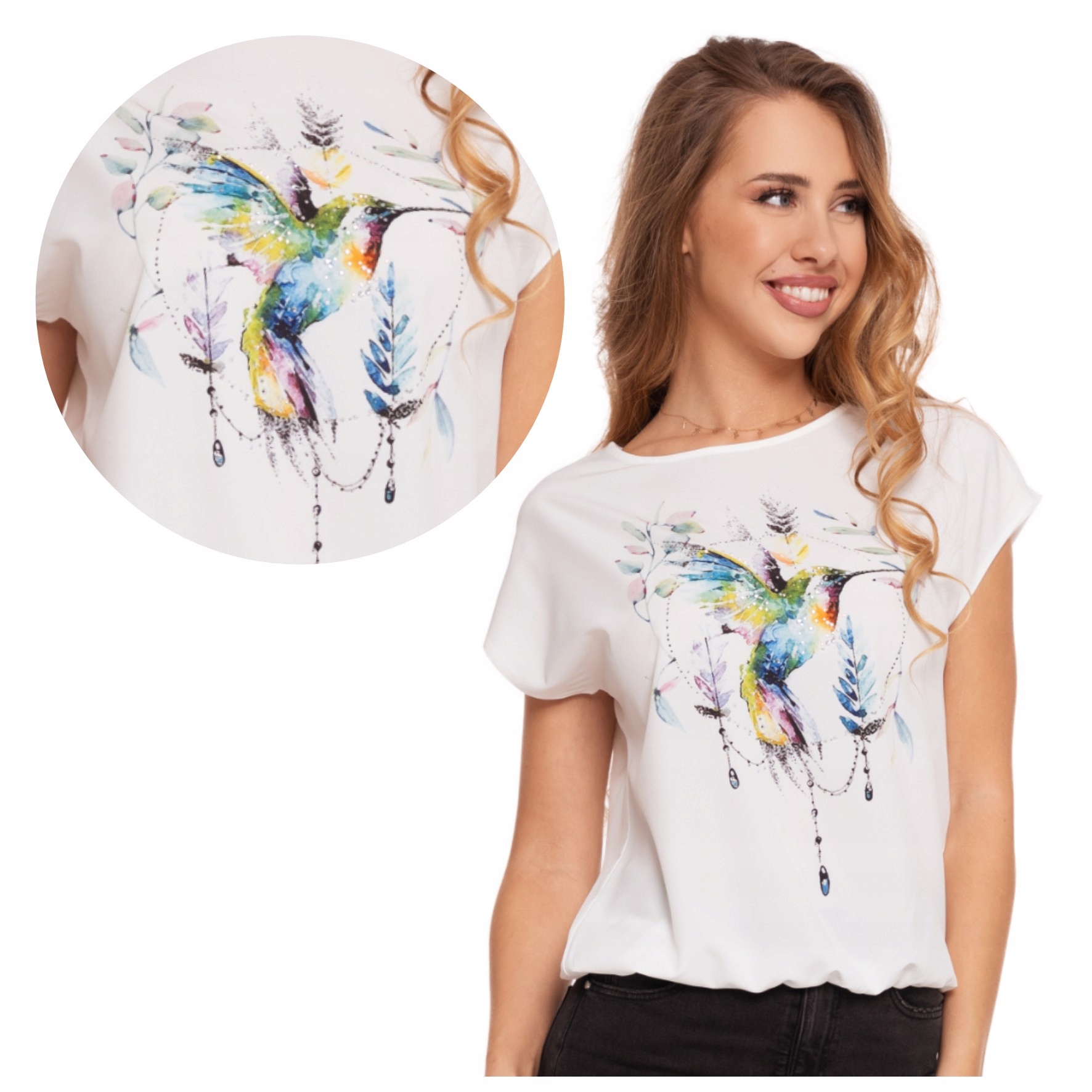 BIAŁA BLUZKA DAMSKA KOLIBER Z CYRKONIAMI MODNA BŁYSZCZĄCA MORAJ R.L