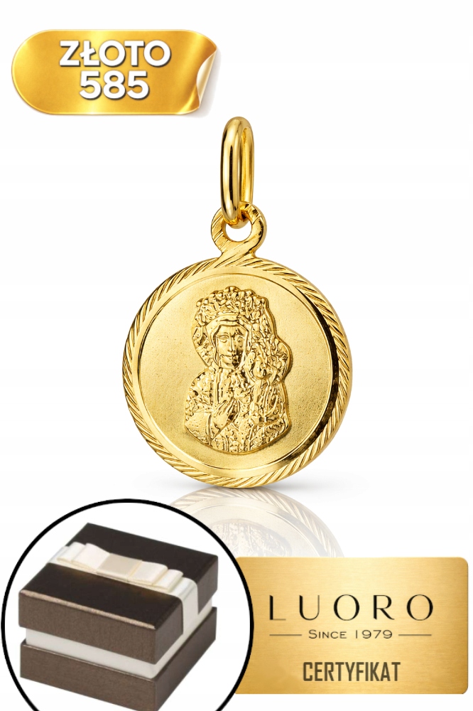 Medailon Zlatý 585 14K Panna Maria Čenstochovská Diamantové Kolo 1,6 CM