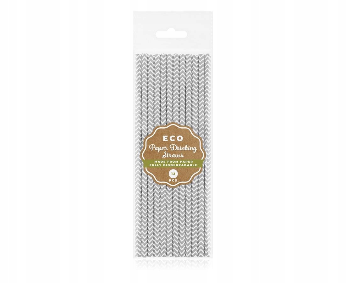 PAPIEROWE SŁOMKI do NAPOJÓW srebrne w szlaczki 6 x 197 mm ZESTAW 12 sztuk