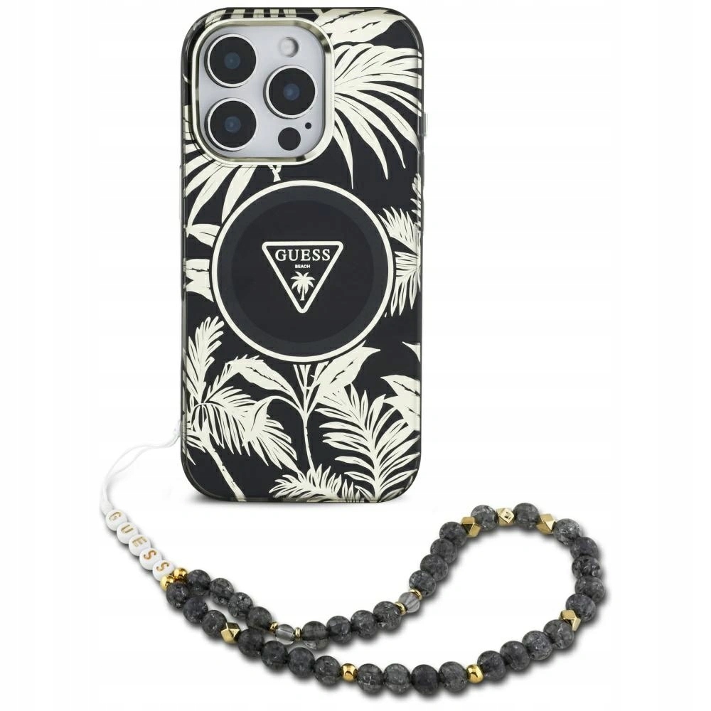 Pouzdro Guess Palm Trees Triangle Pearl Strap Magsafe Pro Iphone 16 Černé