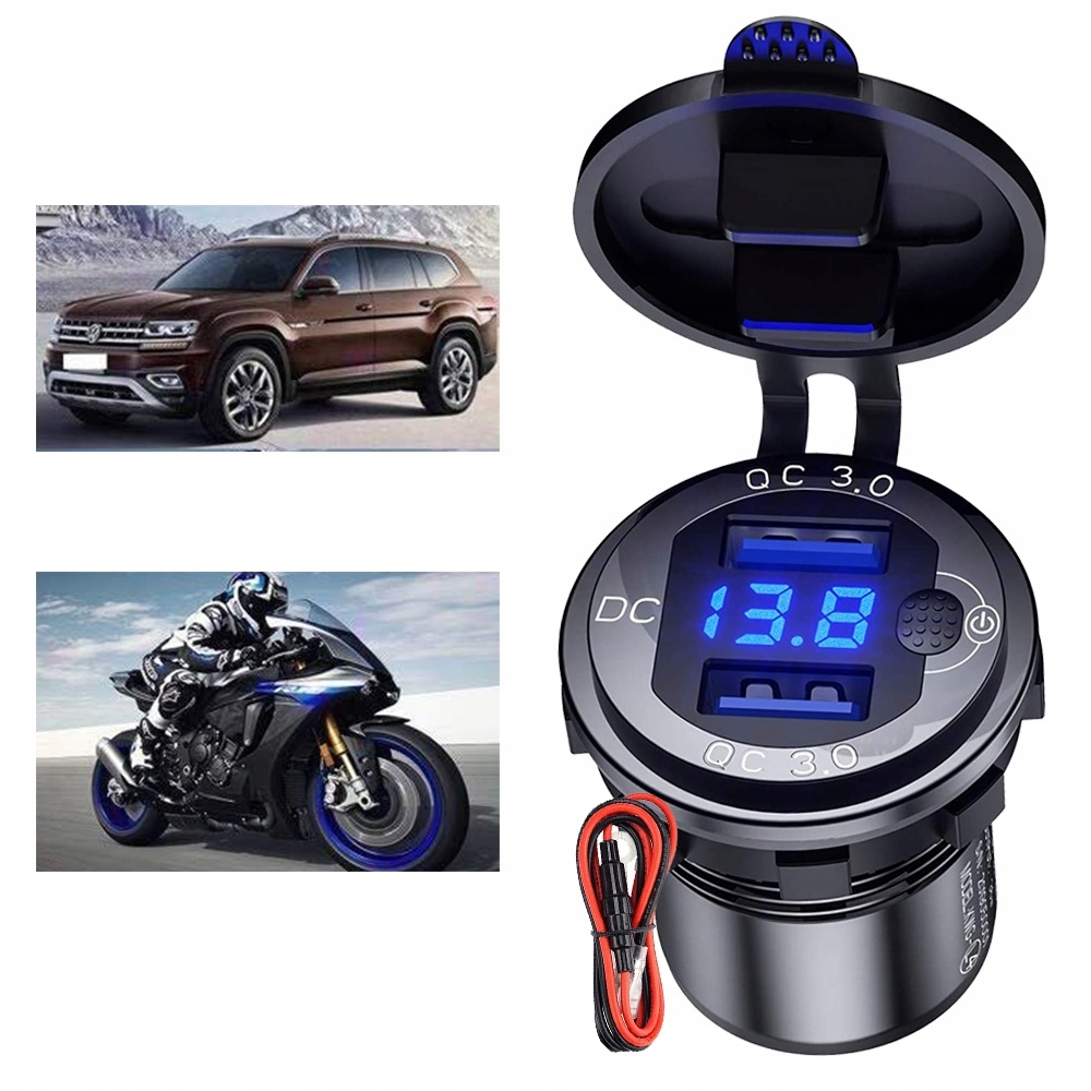 

Ładowarka Motocyklowa 2x Usb Qc 3.0 Woltomierz 3A