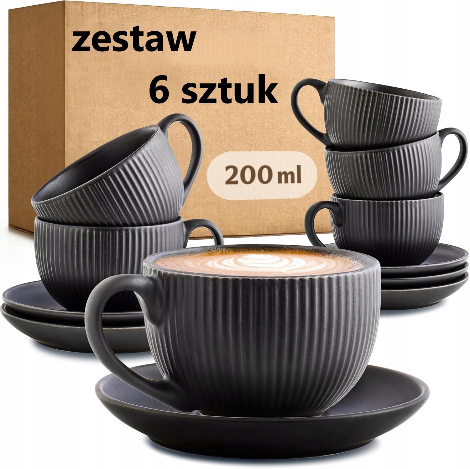Filiżanka do cappuccino ceramiczna z podstawką czarna 6x 200 ml zestaw kawy