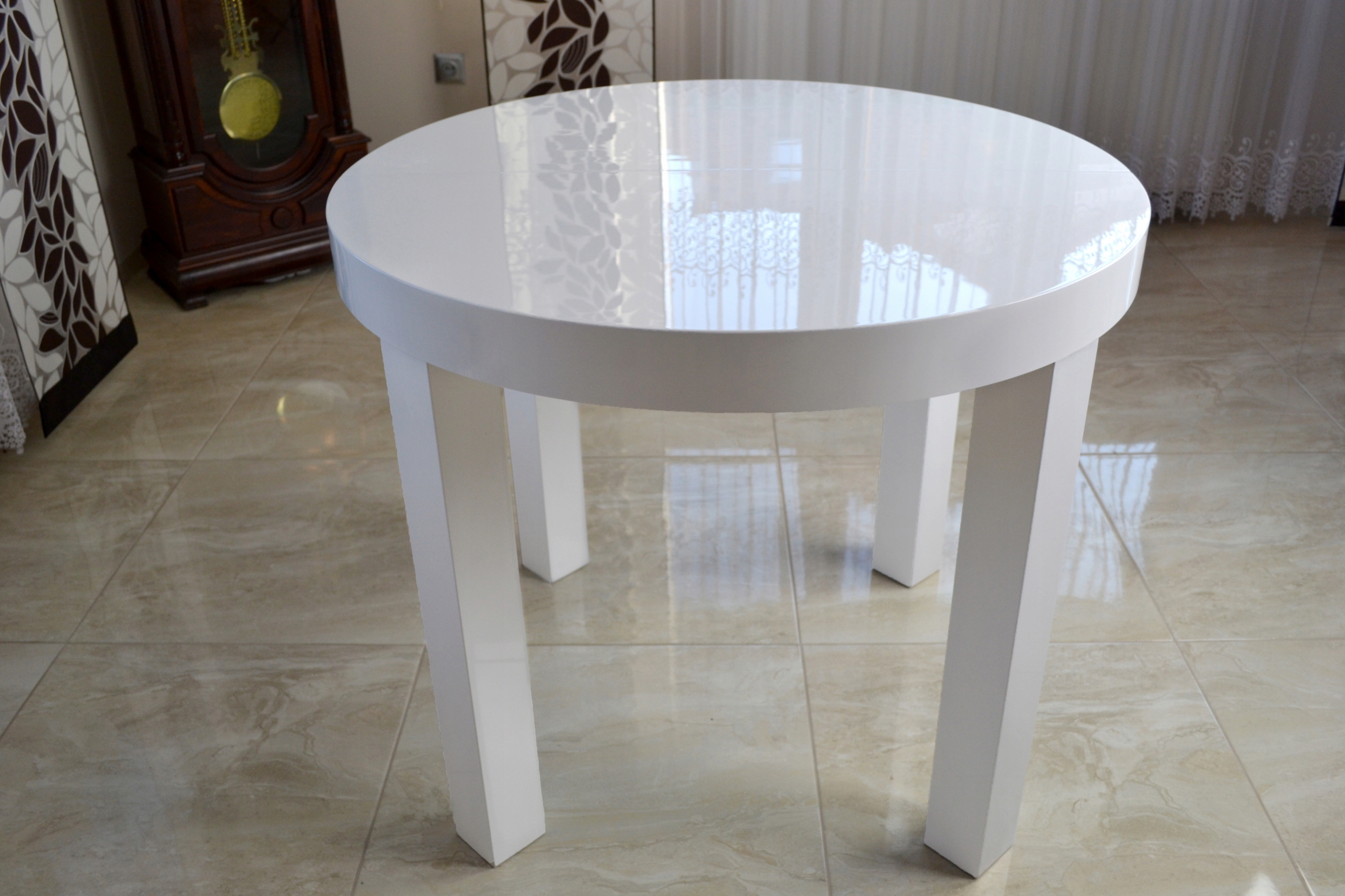 STÓŁ OKRĄGŁY BIAŁY POŁYSK ROZKŁADANY CZARNE NOGI 95/145 SALON JADALNIA Głębokość mebla 95 cm