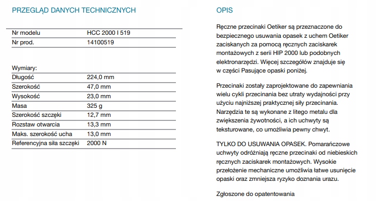 Ręczny przecinak do usuwania opasek z uchemOETIKER Marka Oetiker