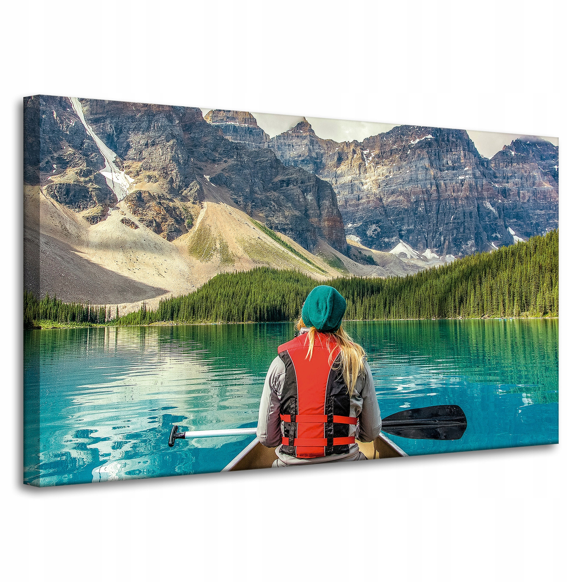 Obraz na plátně Dívka v kajaku Hory Jezera Příroda 100x60 cm