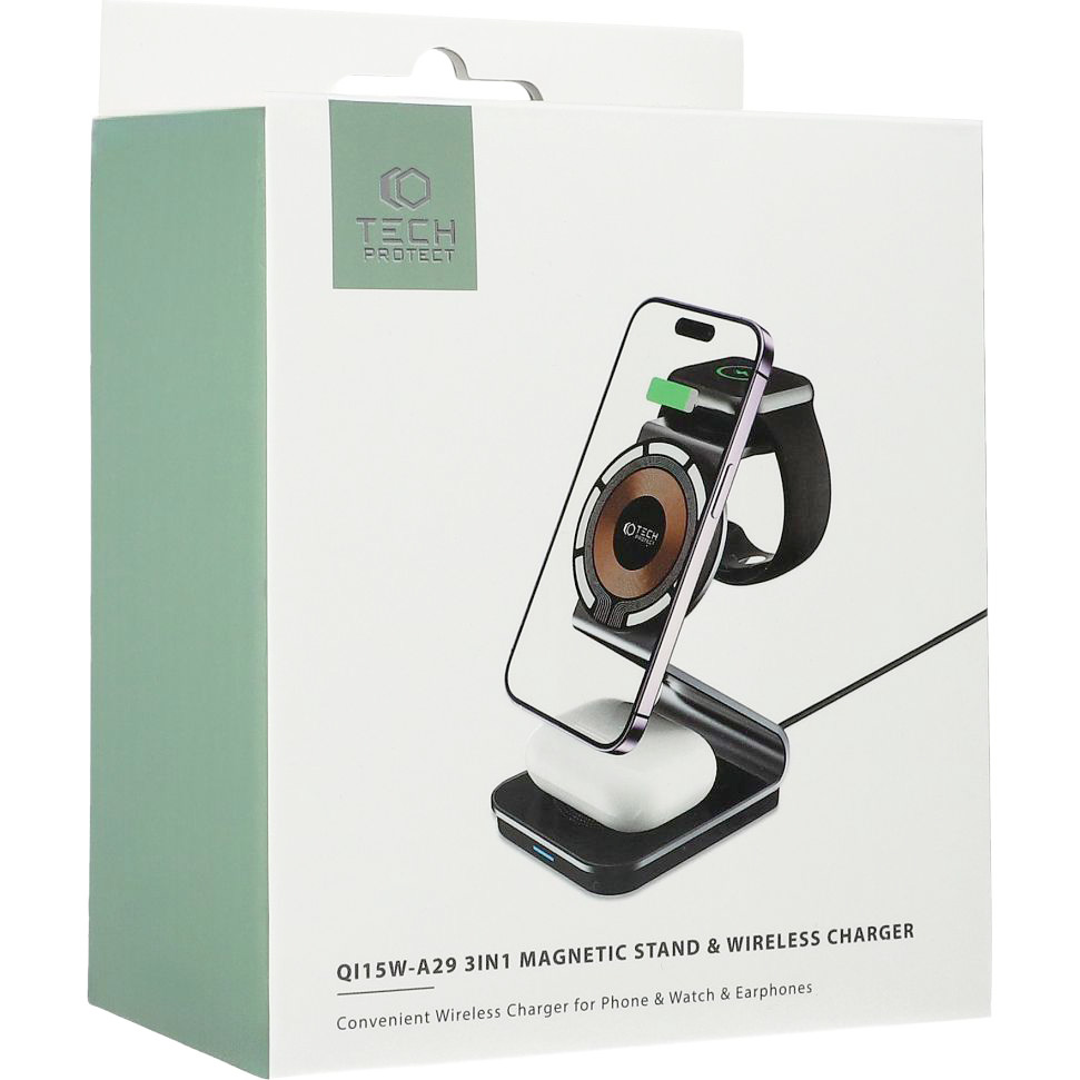 Ładowarka indukcyjna 3w1 Tech-Protect, do MagSafe do smartfona, zegarka Kolor czarny