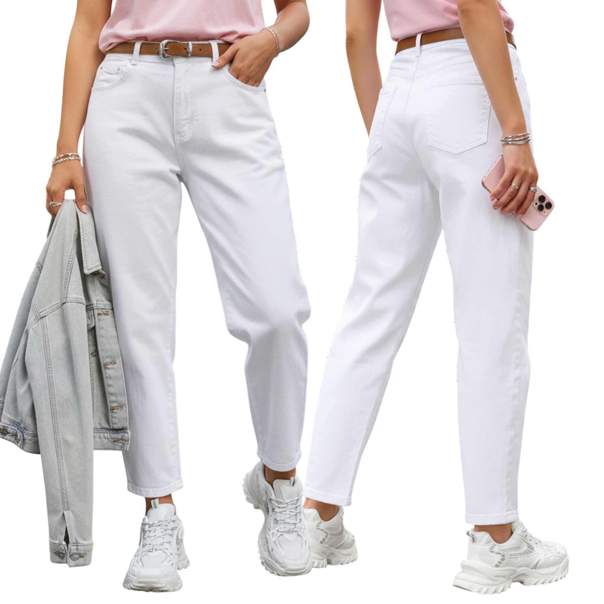 Jeansy damskie mom fit z paskiem z wysokim stanem białe UY2884 XL