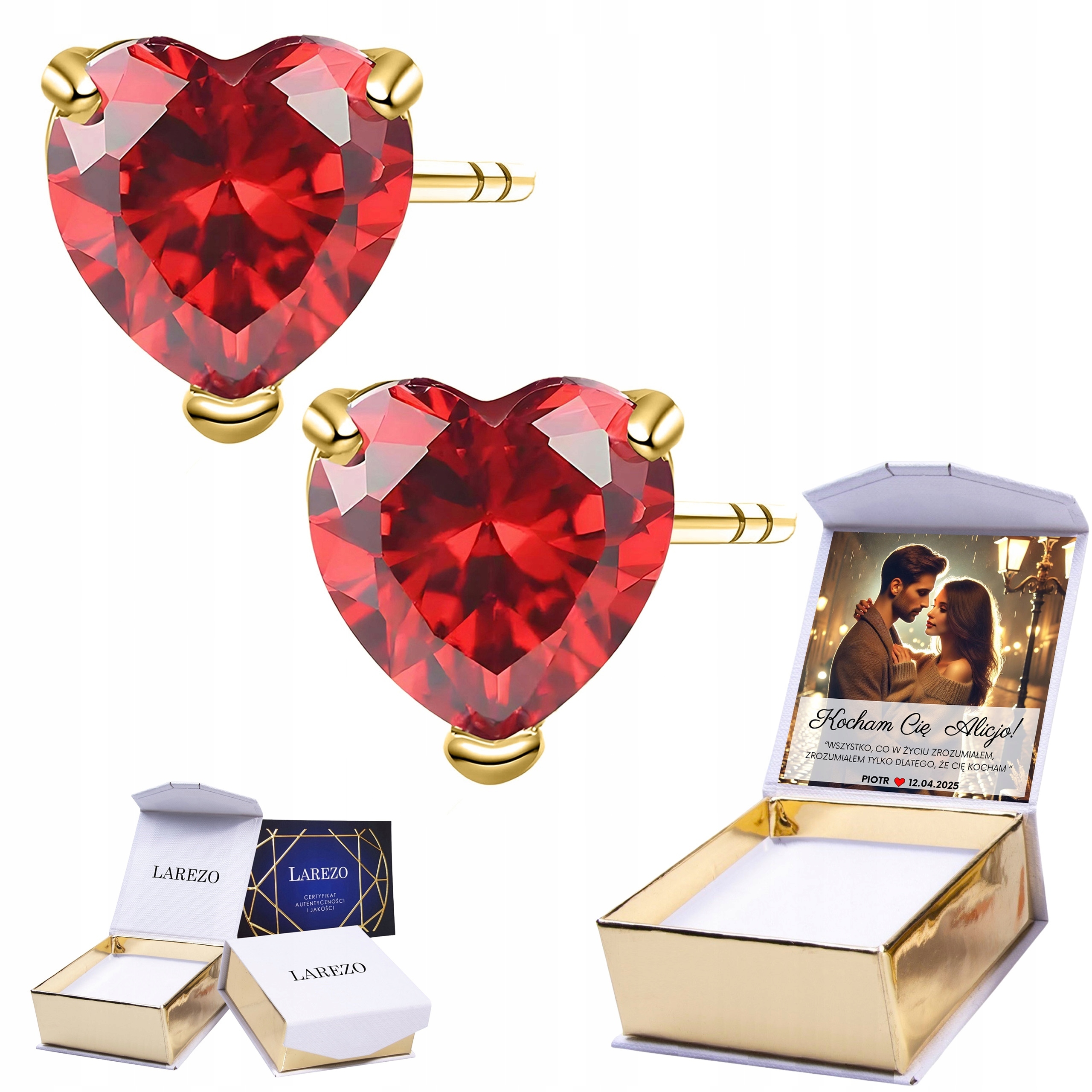Zlaté Náušnice na tyči Červené křišťálové srdce Křišťály Potisk