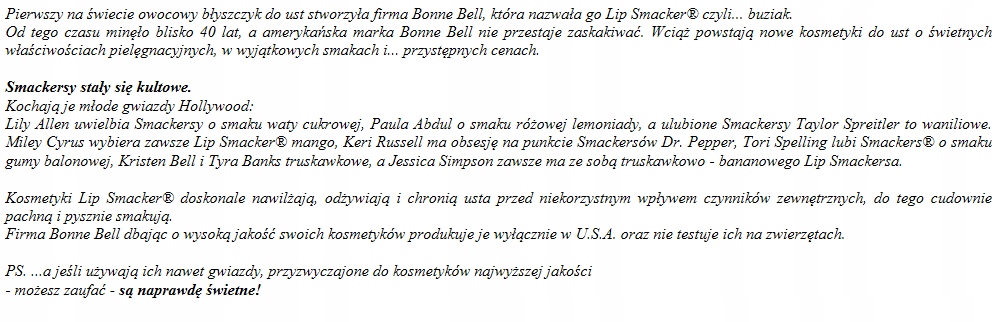 LIP SMACKER COCA-COLA CHERRY ORYGINAL POMADKA Produkt wprowadzony do obrotu na terenie UE przed 13.12.2024 Tak