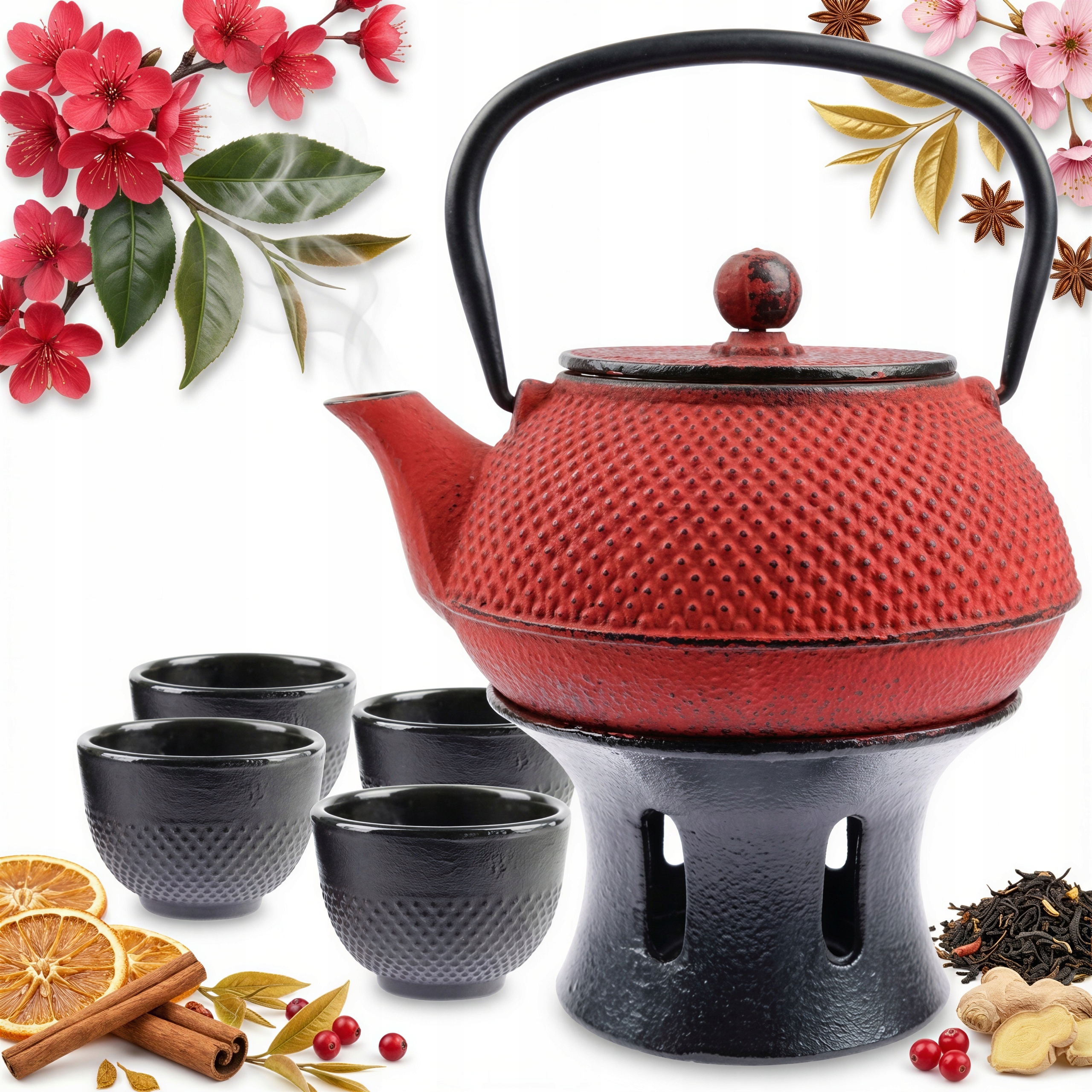 Liatinová Kanvica 0,8L Čajník S Čajovou Prípojkou 4x Šálky Ohrievač