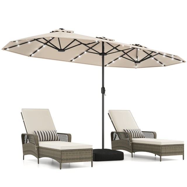 Velký deštník Costway béžový 405 x 225 cm s Led světlem béžový Se Základnou
