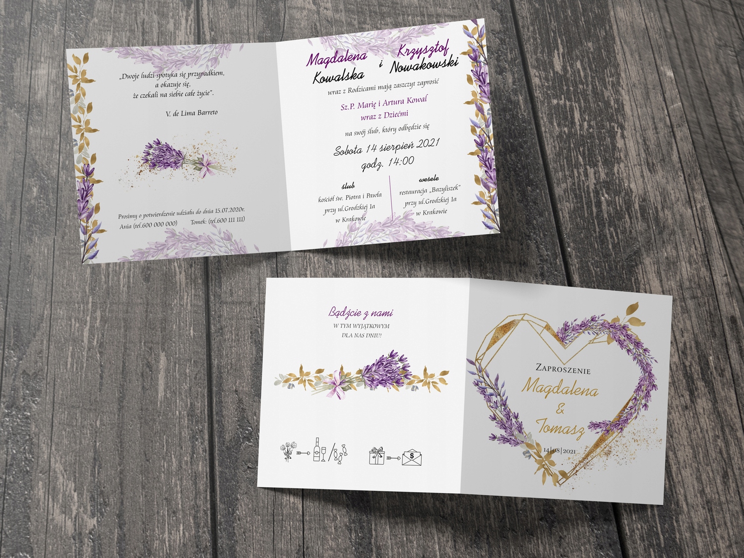 Zaproszenia ślubne LAWENDA koperta PAPIER PERŁOWY Wykończenie papieru nie dotyczy