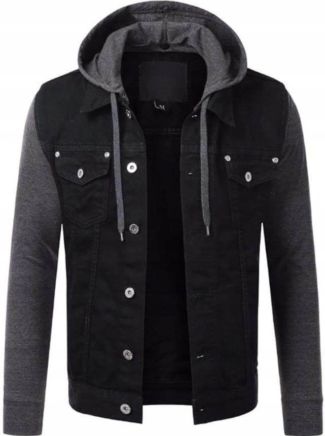 Pánská černá džínová bunda s větrovkou, stylový design, knoflíky, velikost S