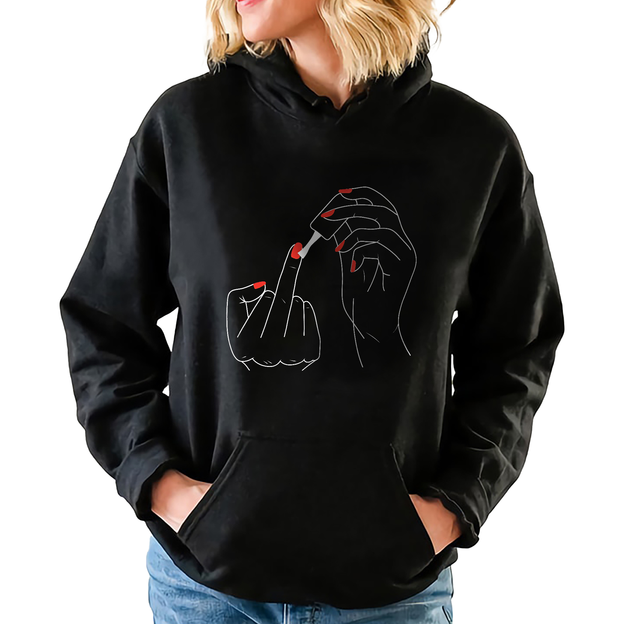 Černá mikina s kapucí Fuck Off Red Nails Zábavné Grafiky Vel M