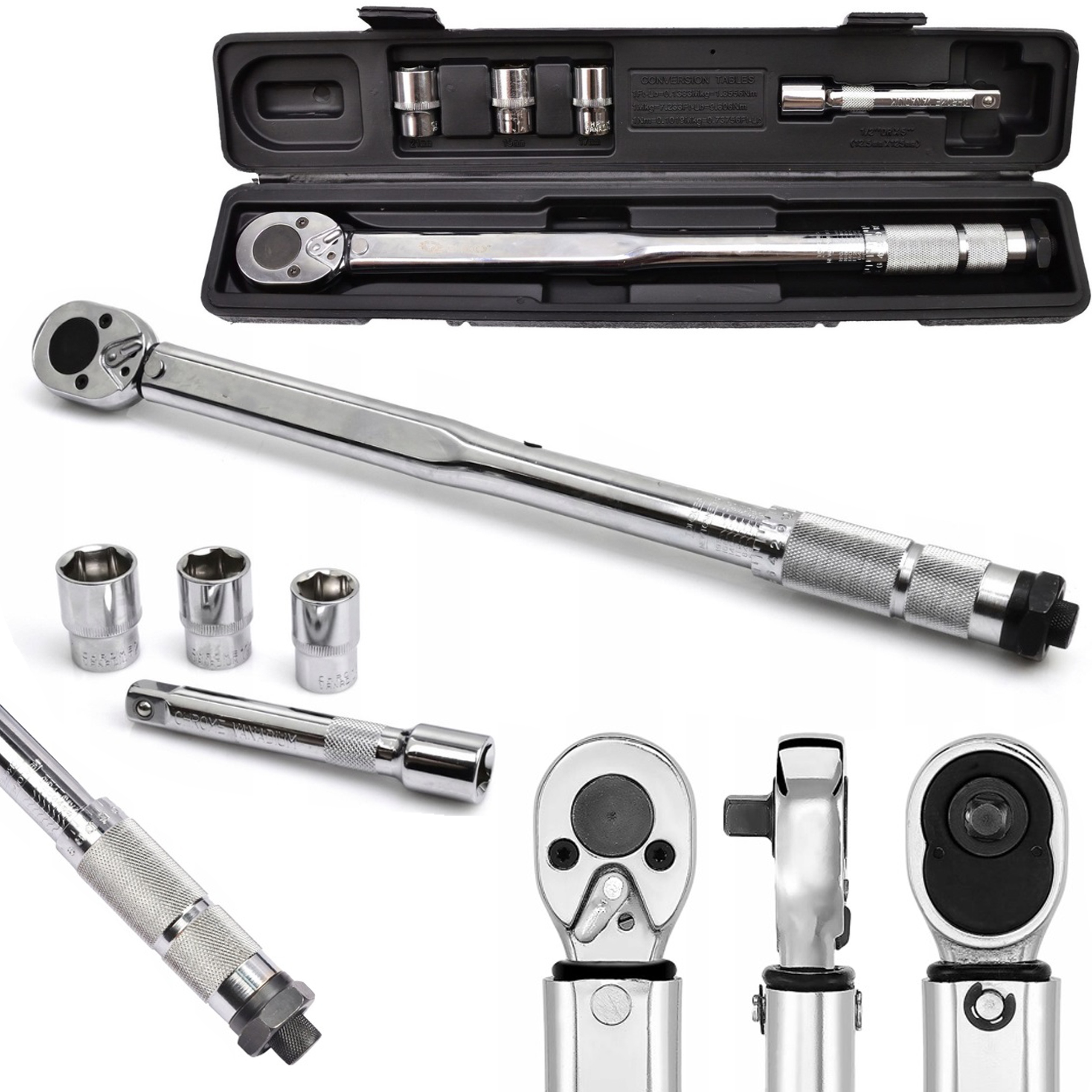 Klucz Dynamometryczny 1/2" 28-210NM 3 Chromowane Nasadki 17 19 21mm