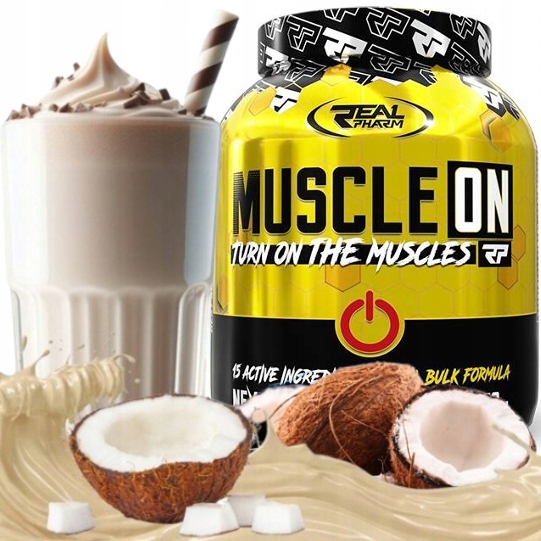 Gainer bulk Bílkoviny Sacharidy Real Pharm Muscle On 2270g Bílá Čokoláda Kokos