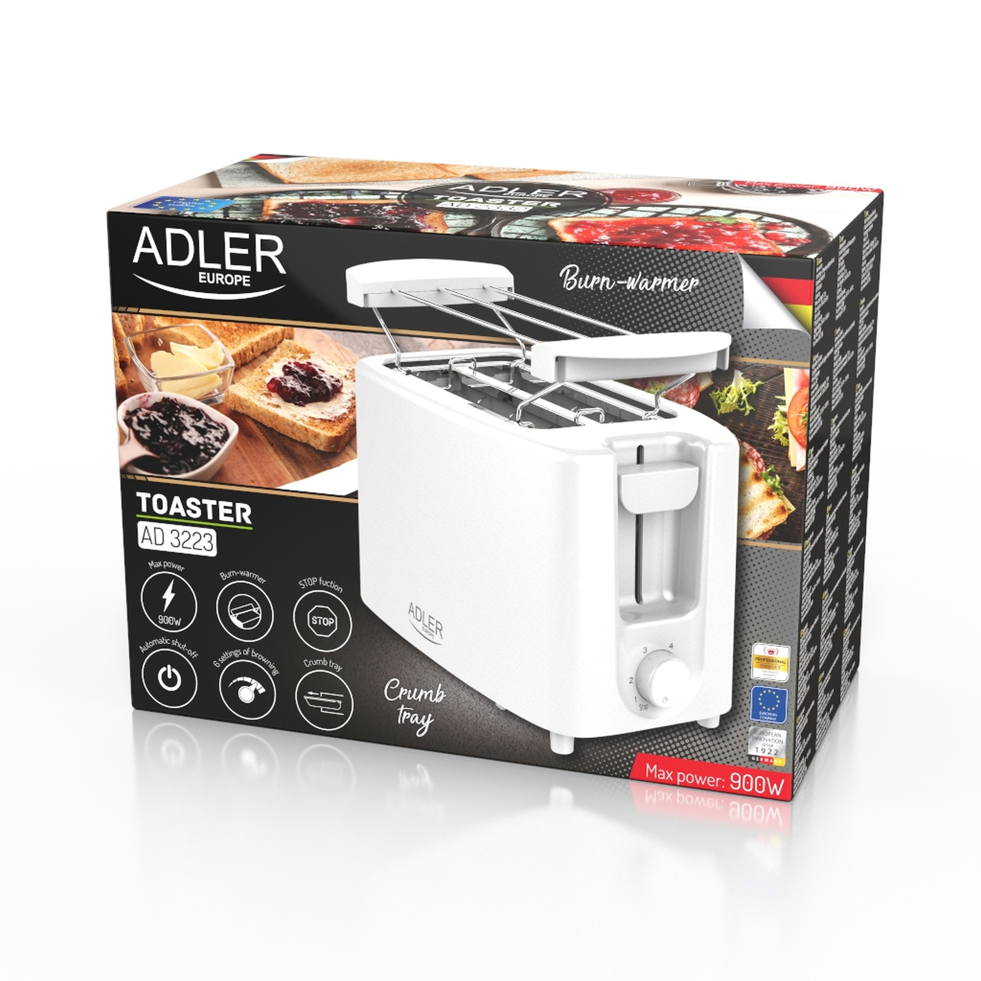 Toster AD 3223 2 kromki z Rusztem do Bułek 900W 6 Stopni