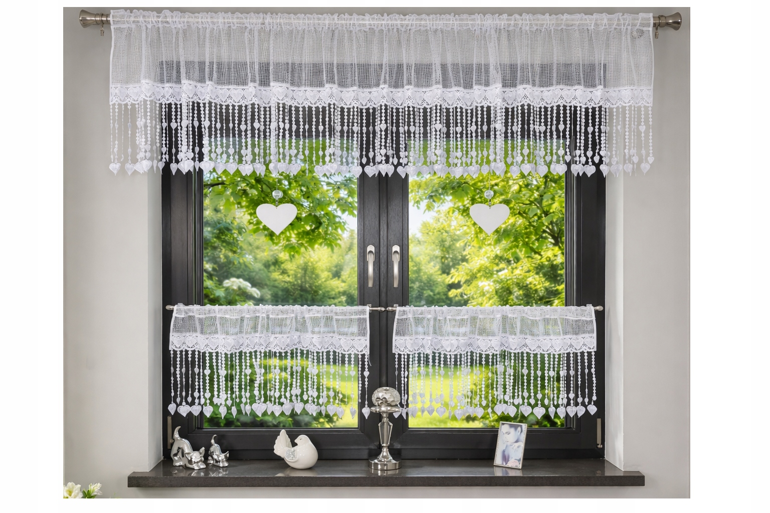 Firana Do Kuchni Gipiura Serduszka+ 2 Ażurowe Serca 300/50+2 Zazdrostki