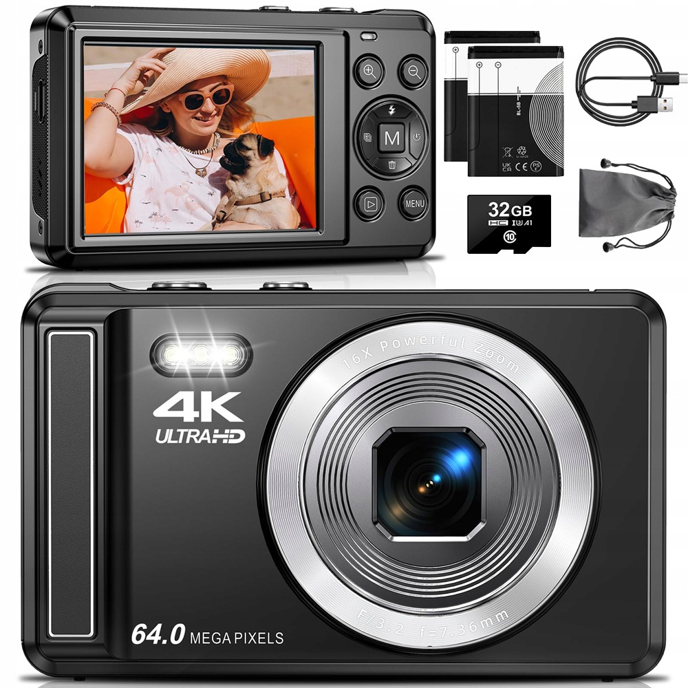 Přenosný Digitální Fotoaparát Černý 4K 64MP 16X Zoom 32GB
