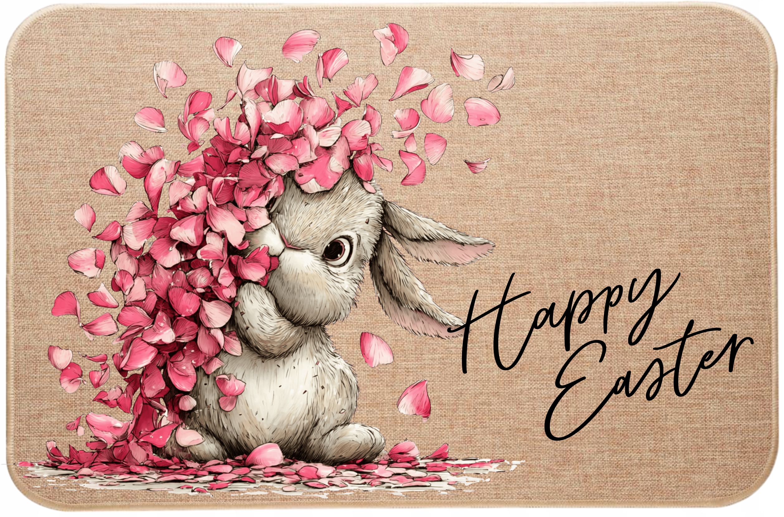 Lněná rohožka s potiskem Zajíček v okvětních lístcích růží Happy Easter