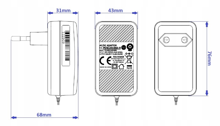 POS Zasilacz wtyczkowy 24V 1A dc wtyk 5.5/2.1 prosty POSC24100A-H Marka POS