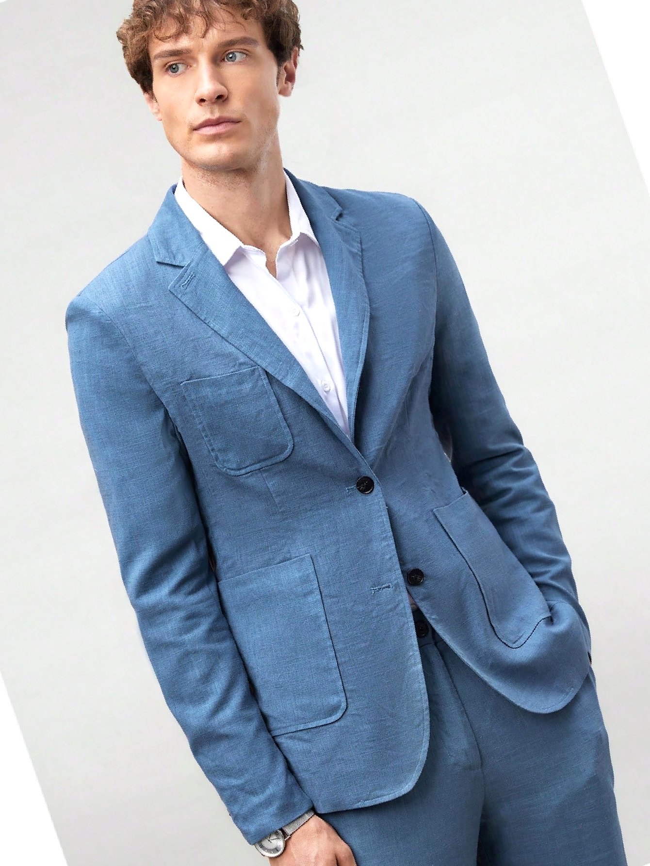 Pánský lněný oblek s modrými Sako, velikost M