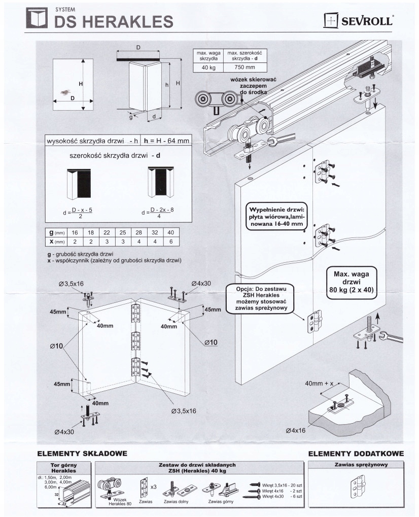 System do drzwi składanych Sevroll 1,49m 80kg Kolor srebrny