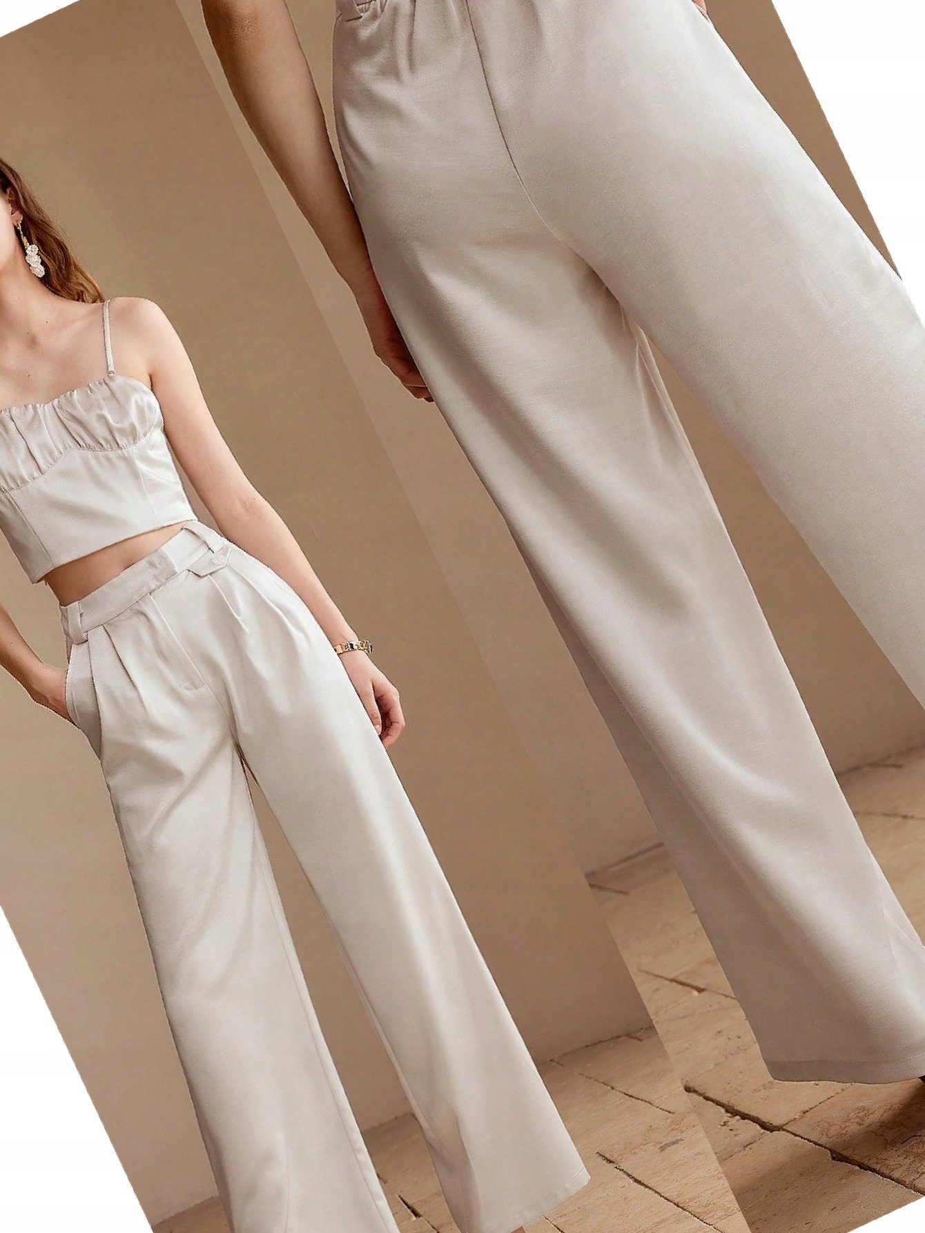 Saténové výstupní kalhoty s vysokým pasem, béžové, Premium Motf Xs 34