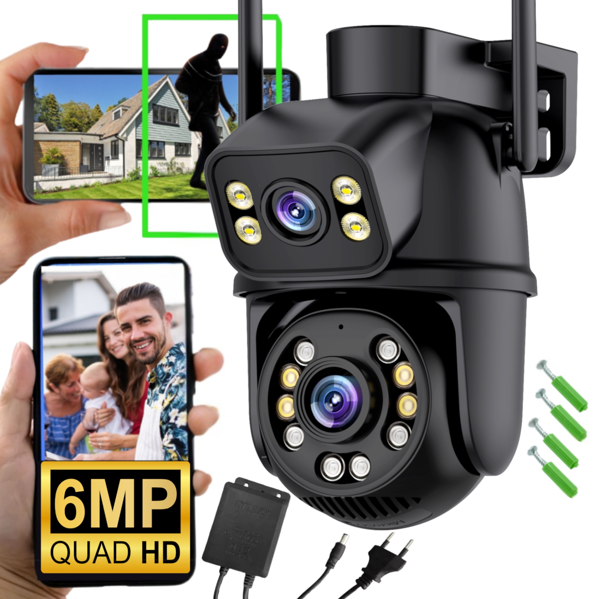 Podwójna Zewnętrzna Obrotowa Kamera WiFi Smart 6MPx Quadhd Aplikacja Zoom