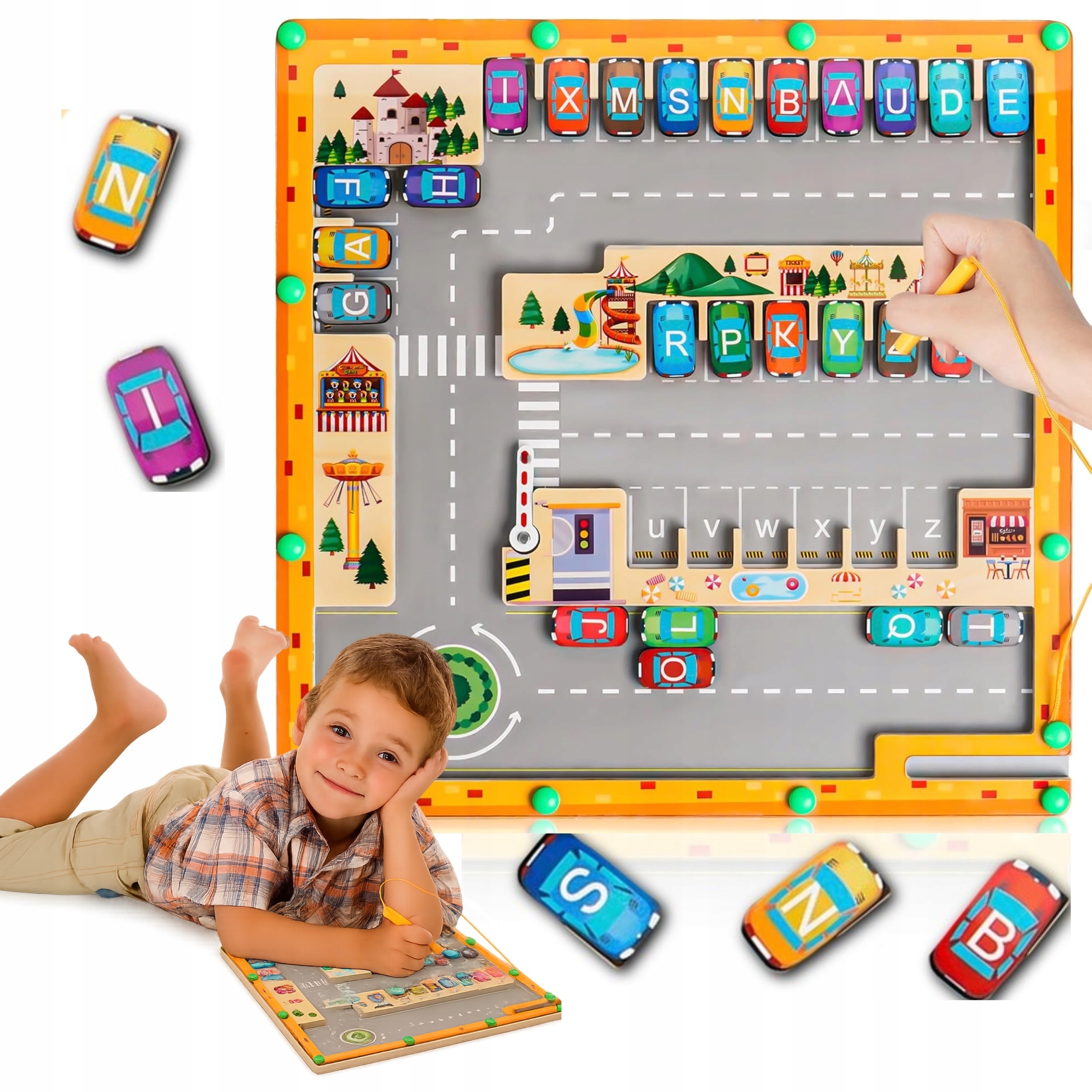 MAGNETYCZNY ALFABET LABIRYNT TABLICA MONTESSORI PARKING DREWNIANA GRA AUTO