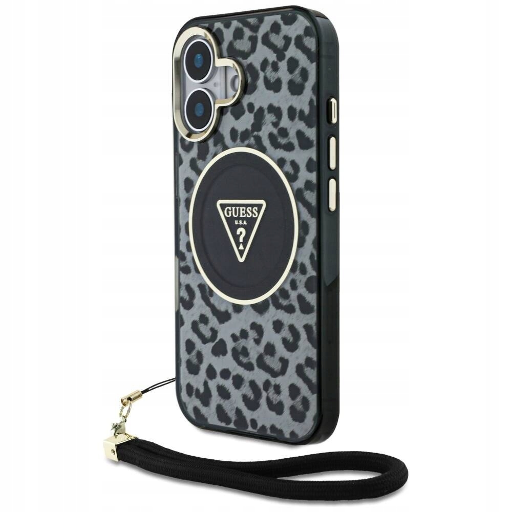 Pouzdro pro Iphone 16 Guess Hc IML Leopard s trojúhelníkovým poutkem a šňůrkou, černé