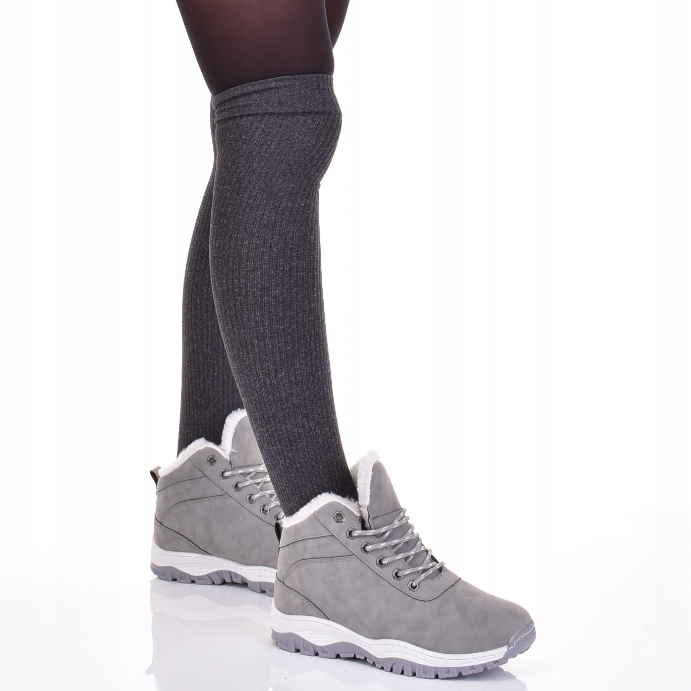 ŚNIEGOWCE DAMSKIE SPORTOWE BUTY ZIMOWE MOCNO OCIEPLONE SKÓRZANE SZARE Rozmiar 40