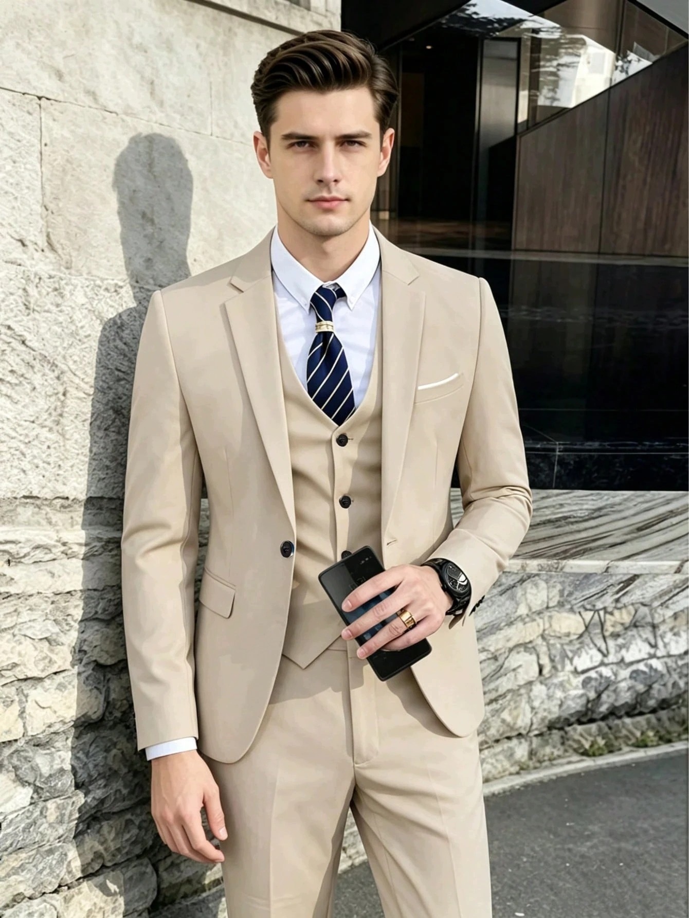 Shein Béžový Klasický Pánský Oblek Sako Vesta Kalhoty XXL 1MA