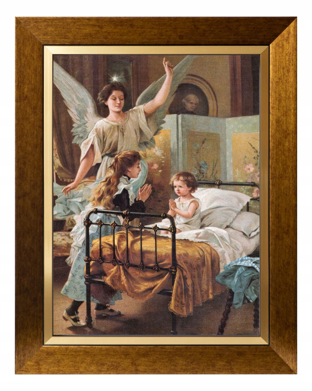 Anděl strážný Náboženský Obraz Na Plátně Ve Zlatém Zdobeném Rámu 30X40