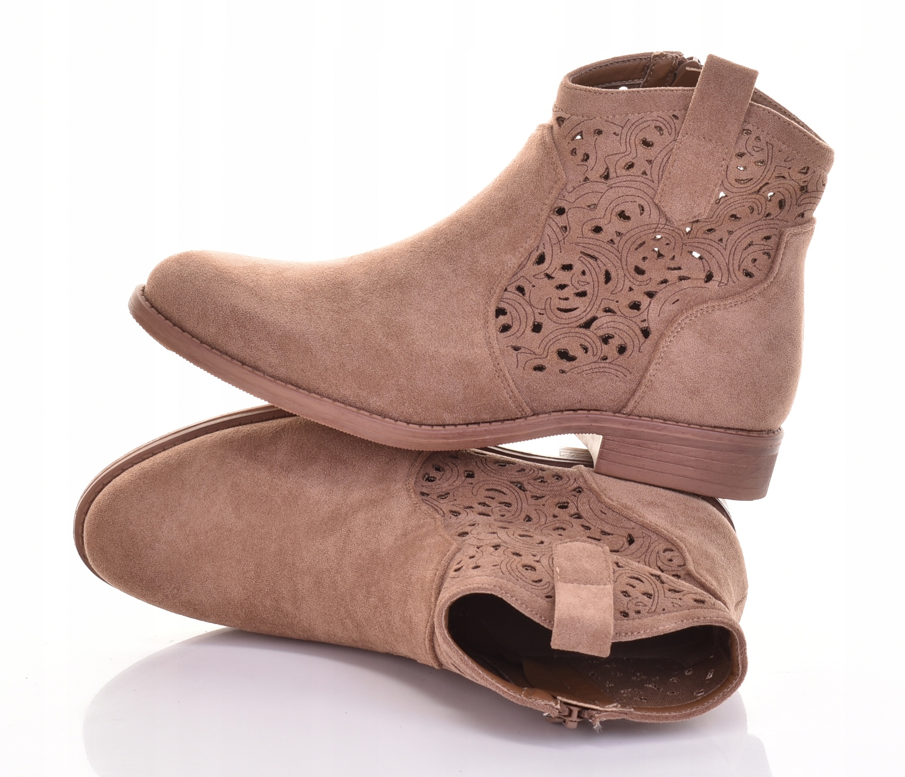 Beżowe Damskie Botki Zamszowe Ażurowe Płaski Obcas Modne