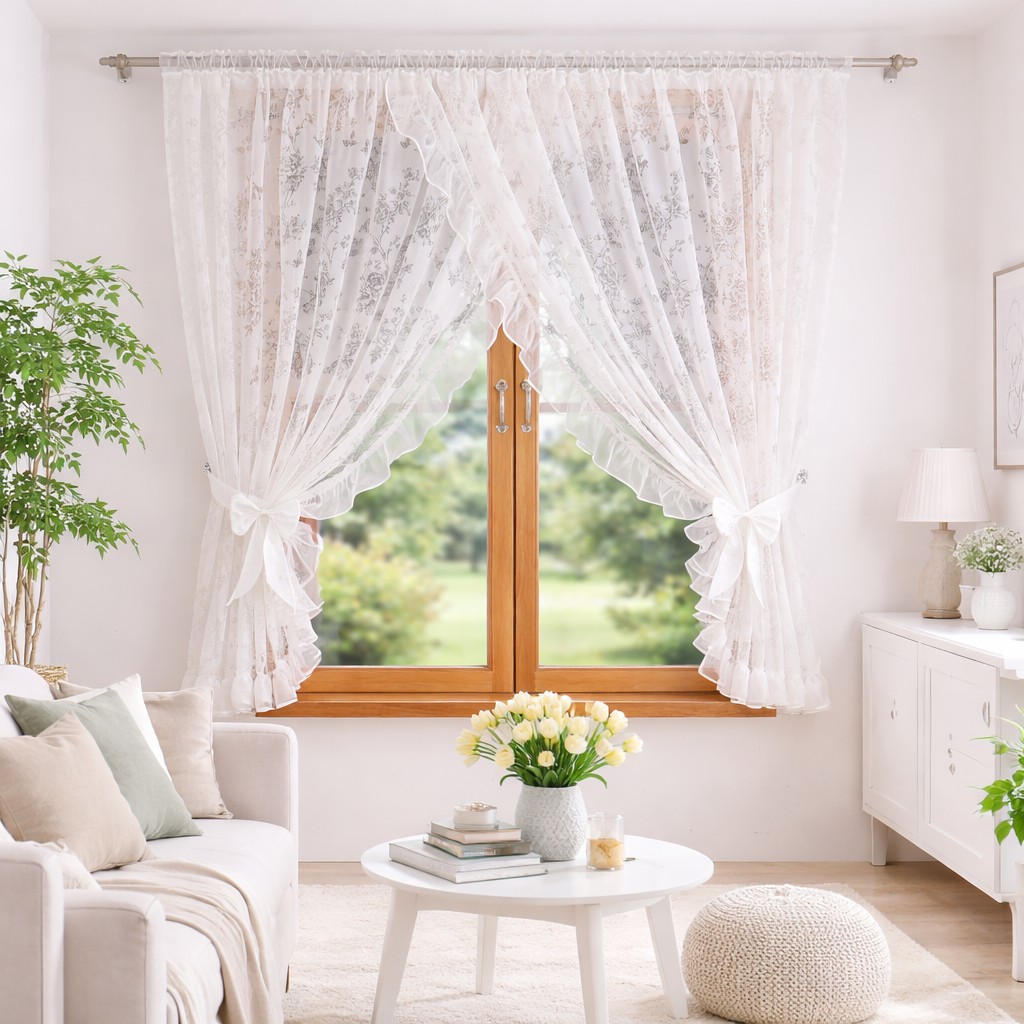 Firana zdobiona motywem kwiatowym i falbanką na taśmie biała 300x155cm