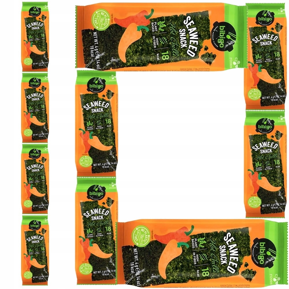 10x Nori Snack Korejská křupka Svačinka Algi Seaweed Hot Chili 4g Bibigo