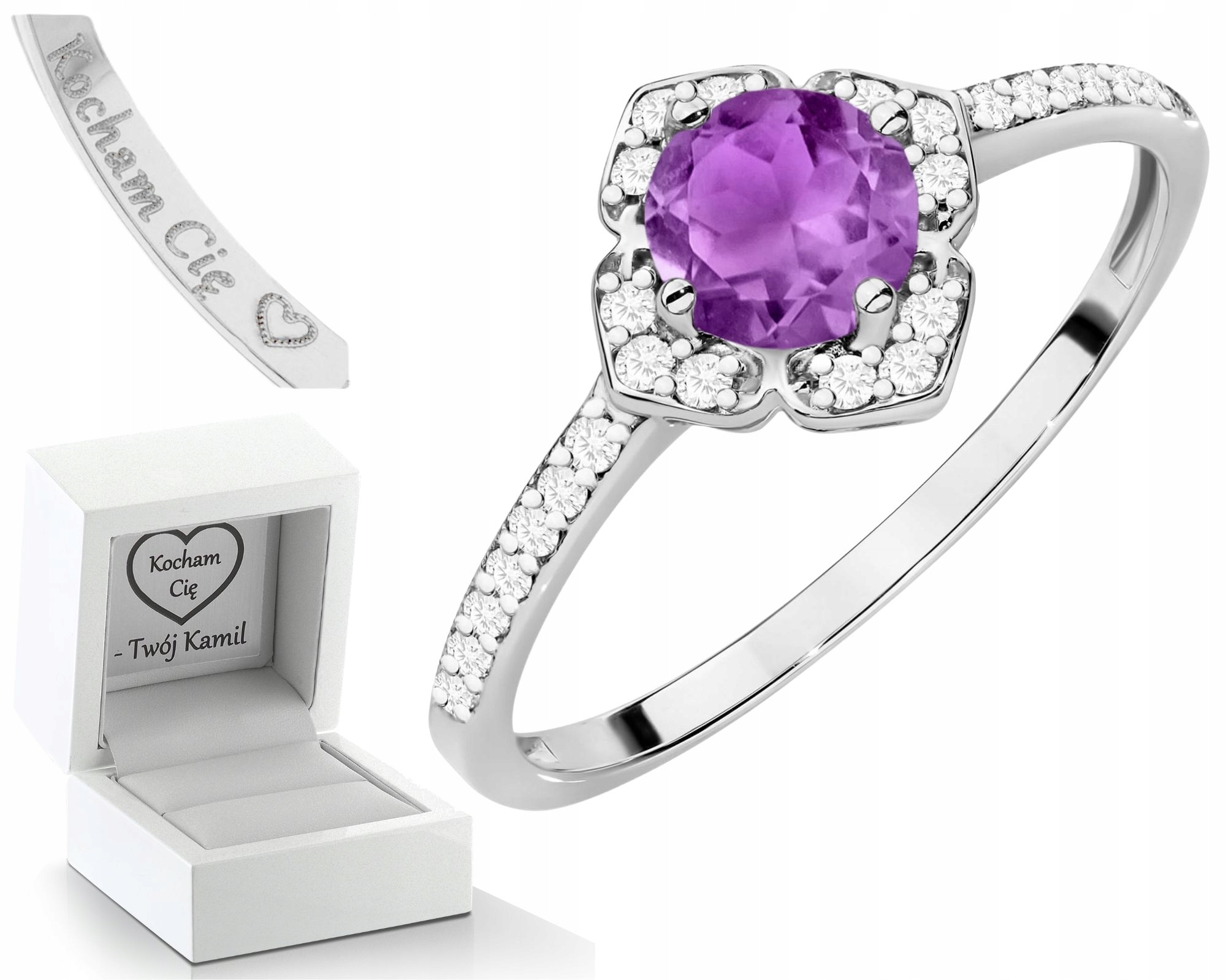 Prstýnek Z Bílého Zlata S Ametystovými Diamanty 585 14K Zlato Dárek Gravírování