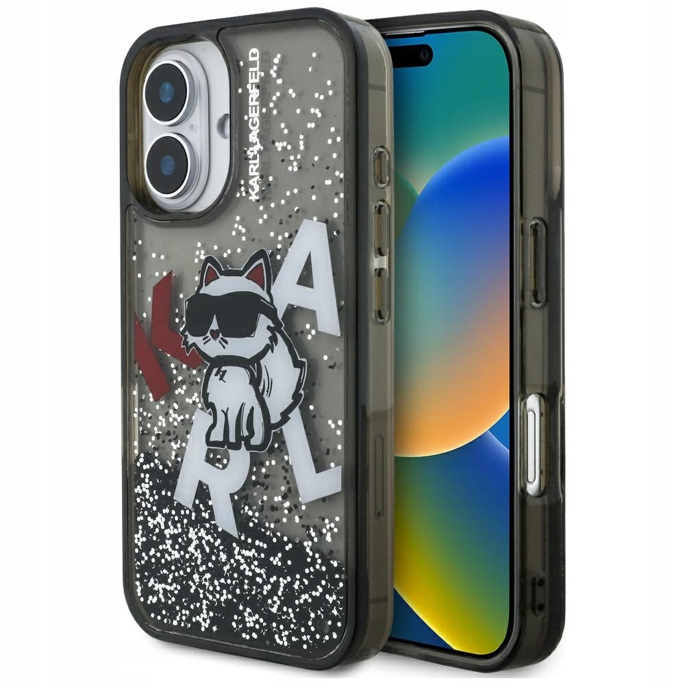 Pouzdro Karl Lagerfeld Liquid Glitter Choupette Logo pro iPhone 16, černé
