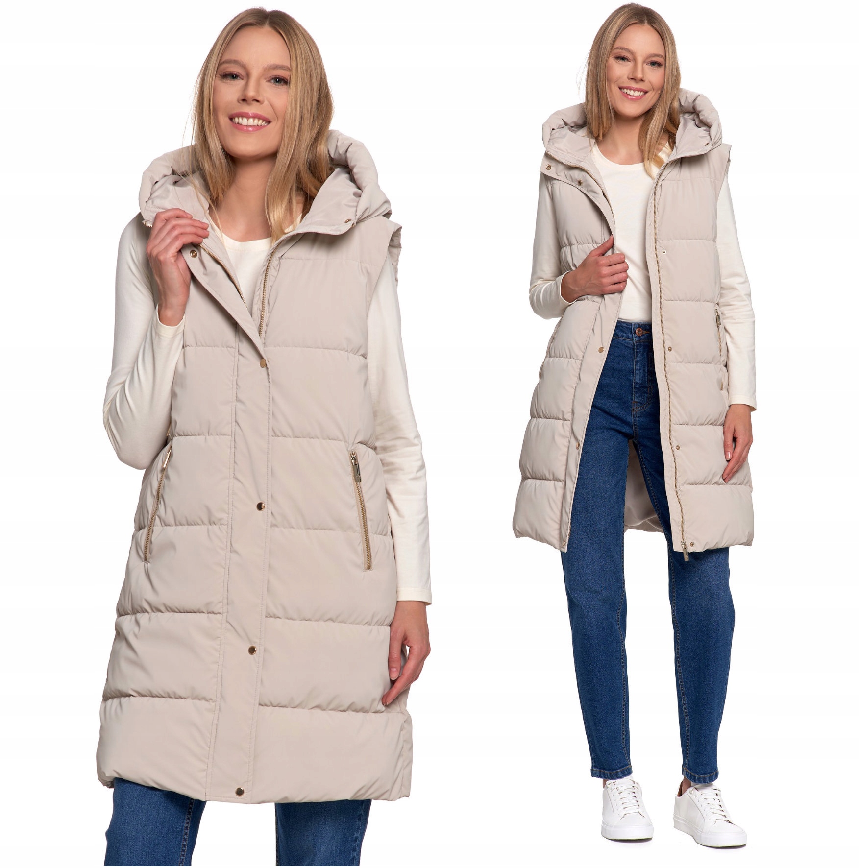 Vesta dlouhá prošívaná teplá vesta s kapsami, béžová, velikost S