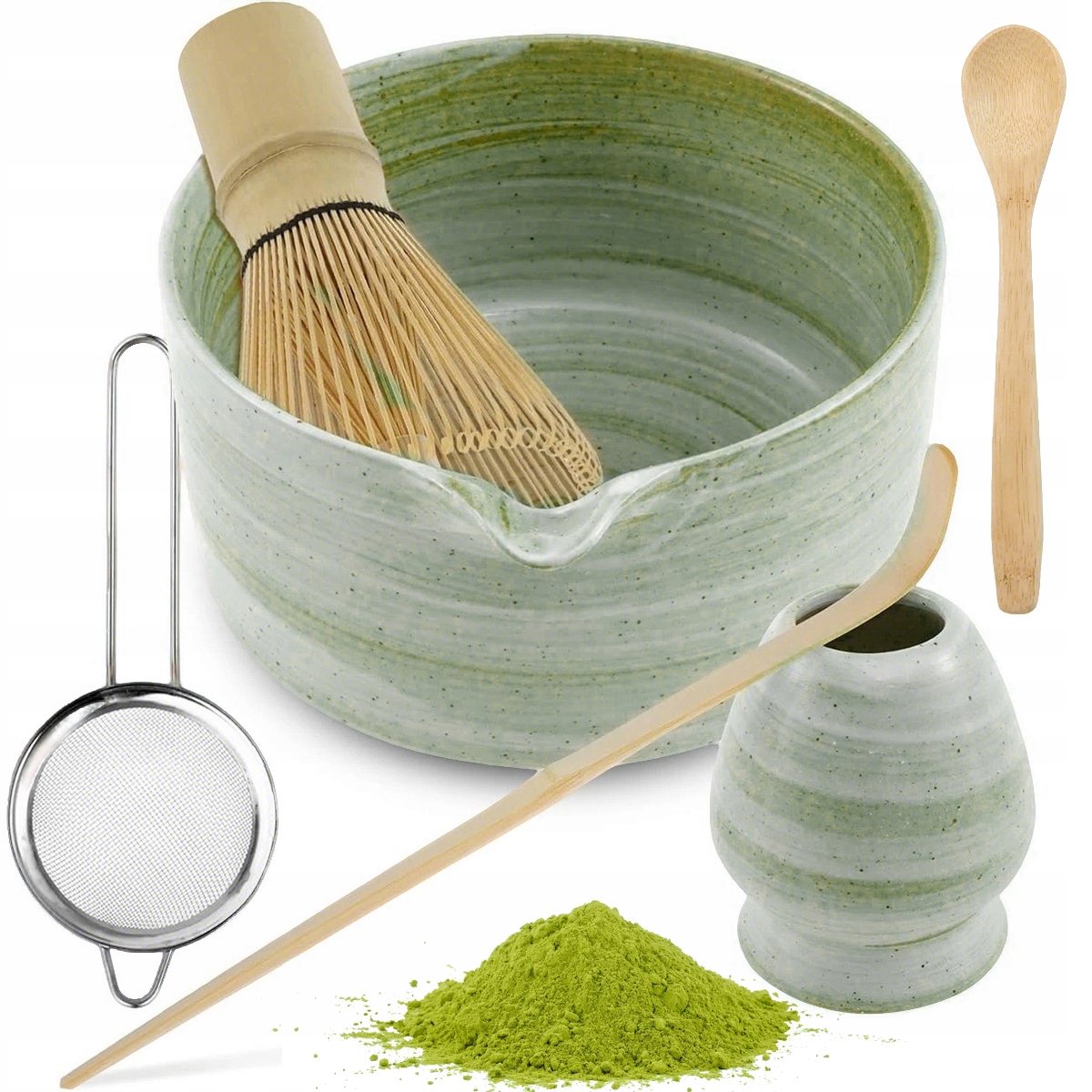 Sada čajů Matcha s bambusovou metličkou, ruční výroba, 6 ks