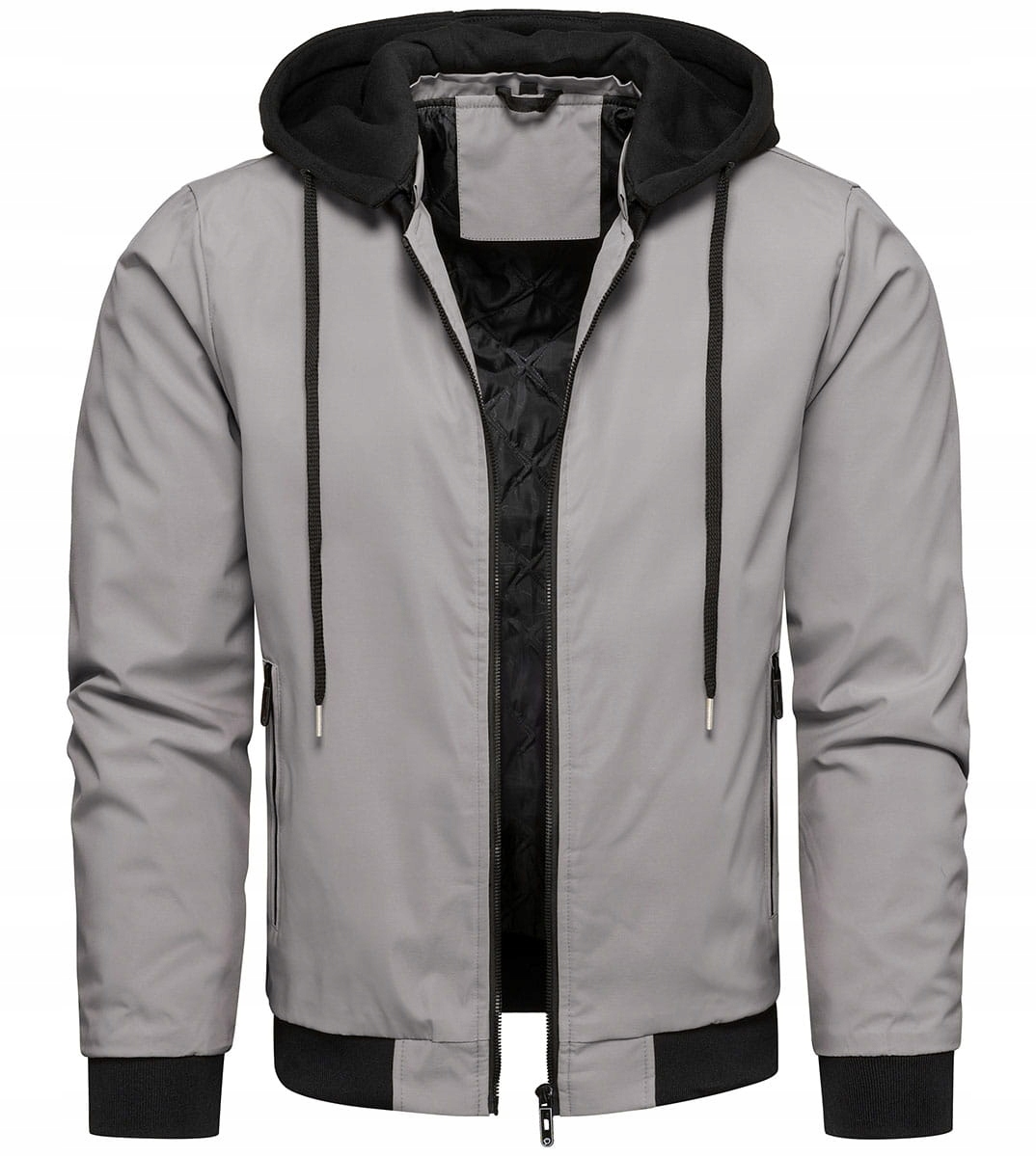 Pánská bomber přechodová bunda na zip s odnímatelnou kapucí, šedá, velikost L
