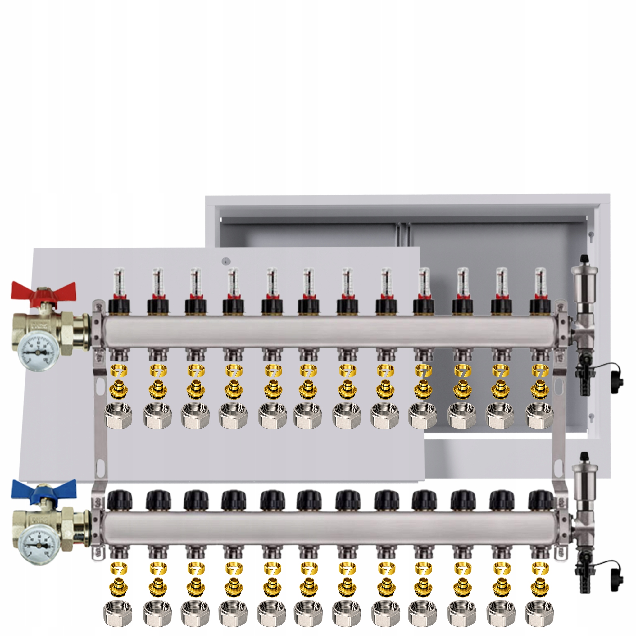 Nerezový rozdělovač podlahových krytin 12 okruhů box ventily Pex