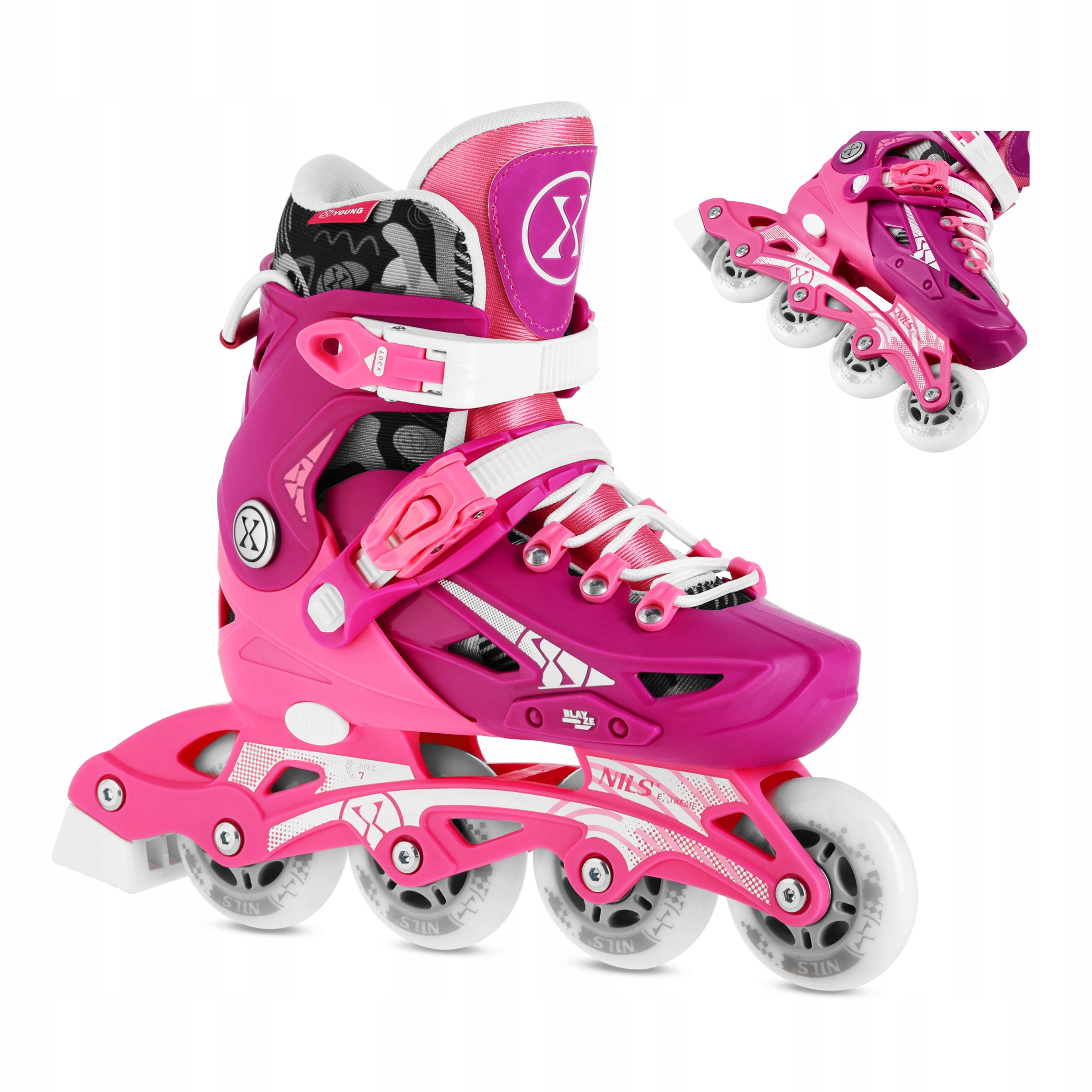 Brusle 2v1 Blaze růžové s nastavitelnými kaučukovými koly 82A 31-34 Nils Extreme