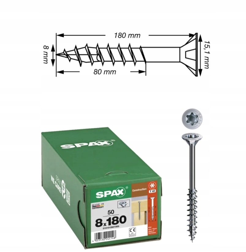 Univerzální vruty Wirox pro dřevěné konstrukce Spax 8 x 180 mm 50 ks