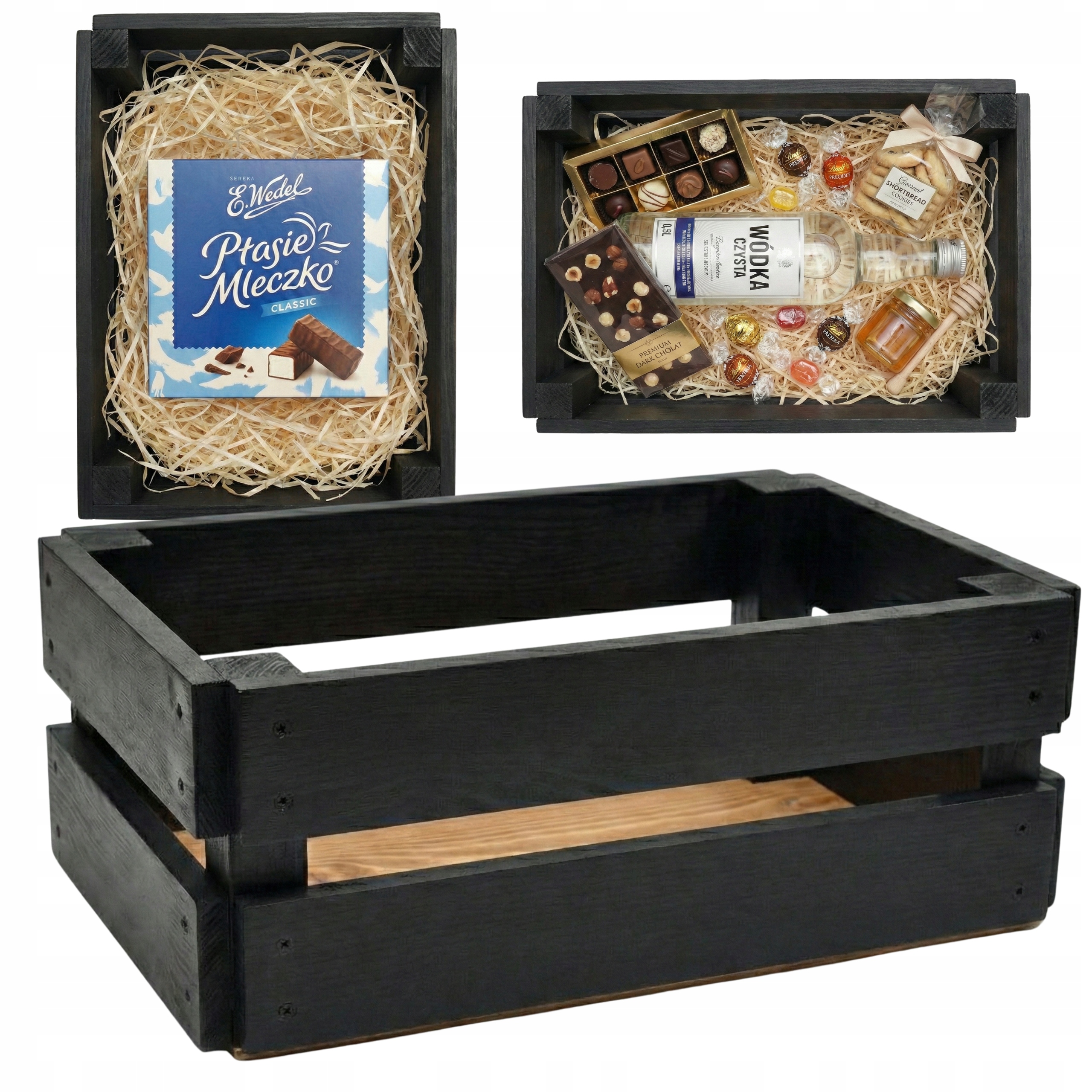 Černá Dřevěná krabička prázdná Černý koš Dárkový košík